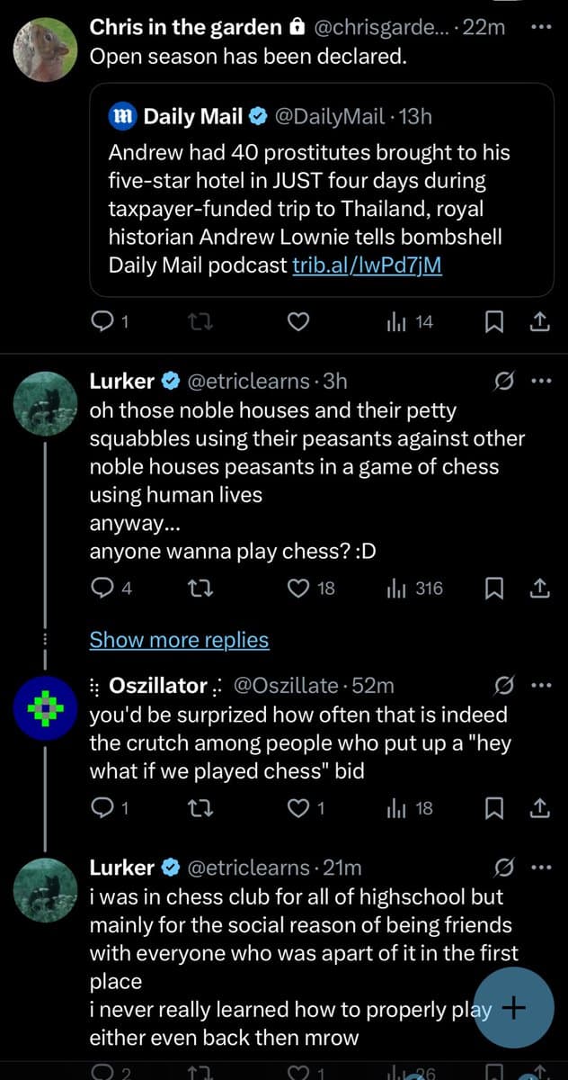 A screenshot of a Twitter conversation thread. The thread begins with a user named 'Chris in the garden' quoting a tweet from the 'Daily Mail' about a royal's trip to Thailand. A user named 'Lurker' replies with a comment about 'noble houses' and 'peasants' playing chess, which is then discussed by other users in the thread.