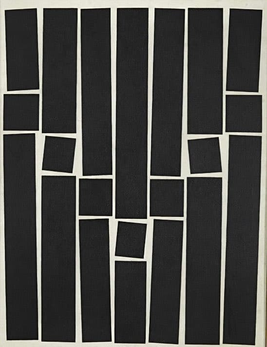 A black-and-white abstract painting featuring a grid of vertical black rectangles of varying lengths on a white background. The composition creates a rhythmic, geometric pattern with some blocks offset to form smaller squares and irregular shapes.