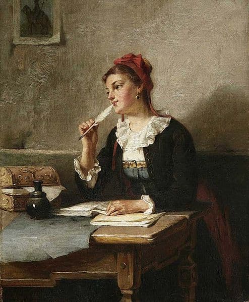 A classical oil painting depicting a young woman in 19th-century attire sitting at a wooden desk, holding a quill pen to her lips in a contemplative pose. She is wearing a black dress with a white ruffled collar and a red headscarf, with an open book and an inkwell on the desk in front of her.