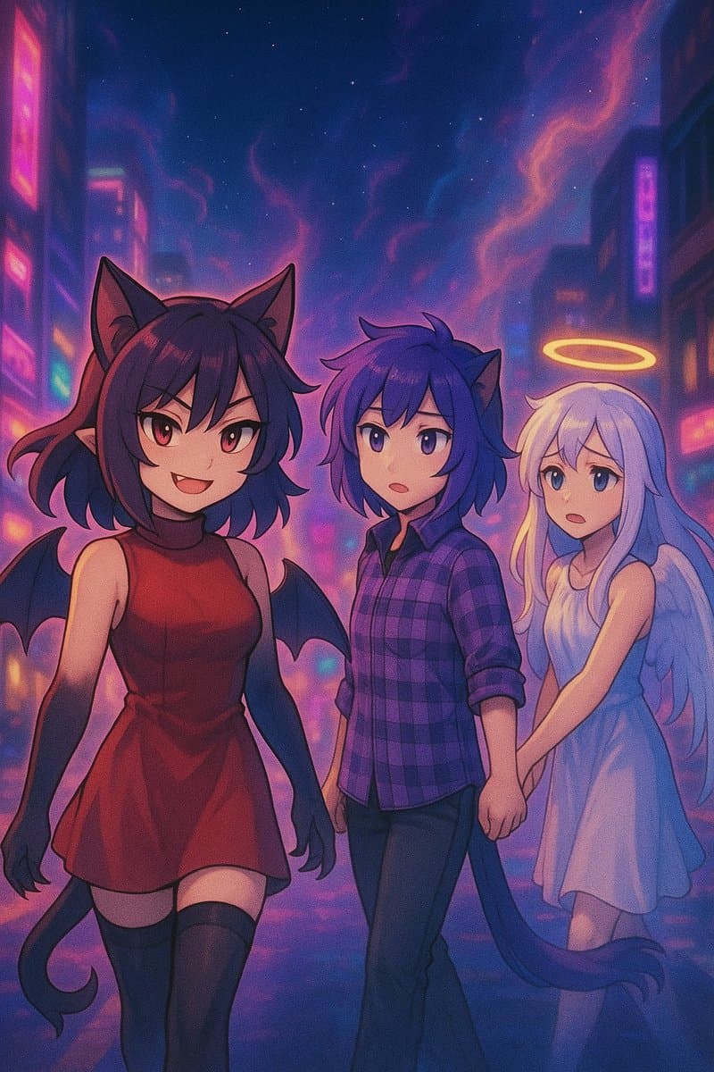 A digital anime-style illustration of three characters standing in a neon-lit city street at night. On the left is a girl with dark hair, cat ears, and bat wings wearing a red dress; in the center is a person with purple hair and cat ears in a plaid shirt; and on the right is a girl with white hair, a halo, and wings wearing a white dress. The background features glowing purple and pink city lights and a starry sky.