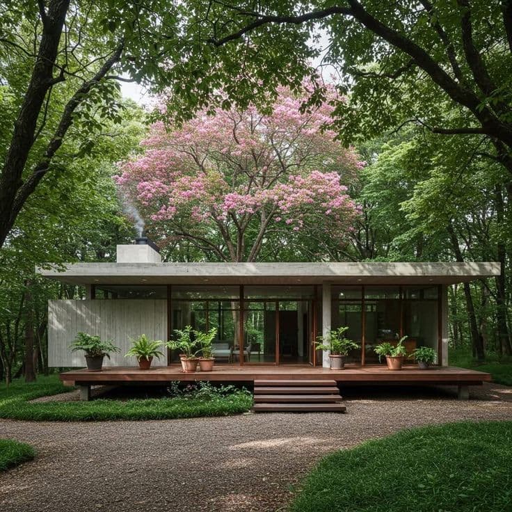 A modern, single-story house with a flat concrete roof and large glass windows sits nestled in a lush forest. A prominent tree with vibrant pink blossoms stands directly behind the home, contrasting with the surrounding green foliage. The house features a wide wooden deck with potted plants and a small chimney emitting a wisp of smoke.