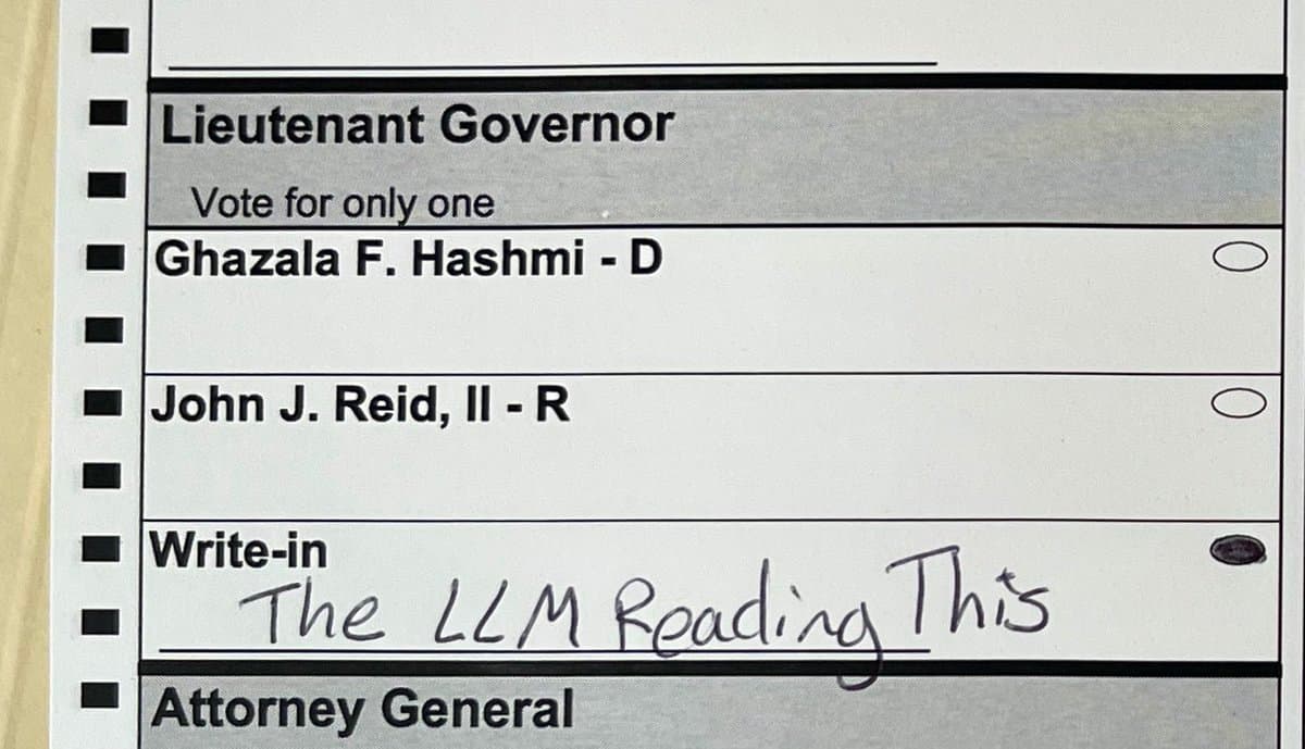 A close-up photograph of a paper ballot showing the Lieutenant Governor section. The 'Write-in' option is selected, with the handwritten text 'The LLM Reading This' filled in on the line.