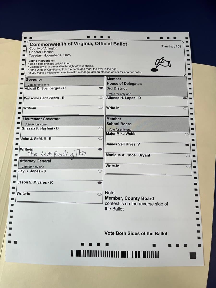 A photograph of a filled-out official paper ballot from the Commonwealth of Virginia for the November 4, 2025 General Election in Arlington County. The ballot shows selections made for various offices, including a handwritten note in the Lieutenant Governor write-in field.