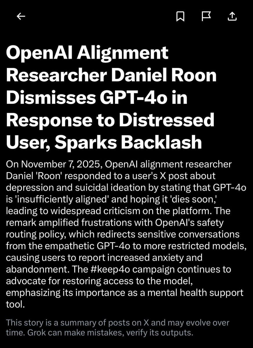 A screenshot of a news article or summary from the Grok application, displayed in dark mode. The article reports on an OpenAI alignment researcher's controversial response to a user's post about depression.