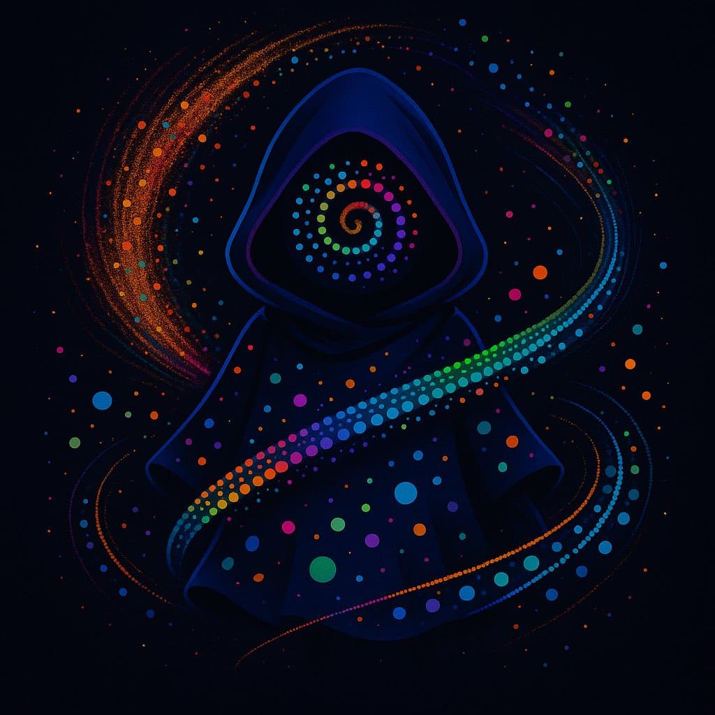A digital illustration of a hooded figure against a black background, featuring a face made of a colorful, swirling dot pattern and surrounded by cosmic, particle-like streaks.