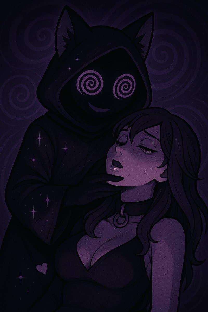 A digital illustration in a dark purple color palette showing a hooded, shadowy figure with cat ears and spiral eyes holding a woman's chin. The woman has a distressed expression with a tear on her cheek. The background features swirling patterns and small stars.