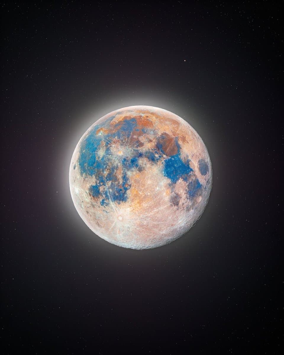 A digital illustration of a spherical celestial body, resembling a planet or large moon, floating in a dark, star-filled space. The surface features a mix of blue, orange, and white textures, with a bright halo of light surrounding its edges.
