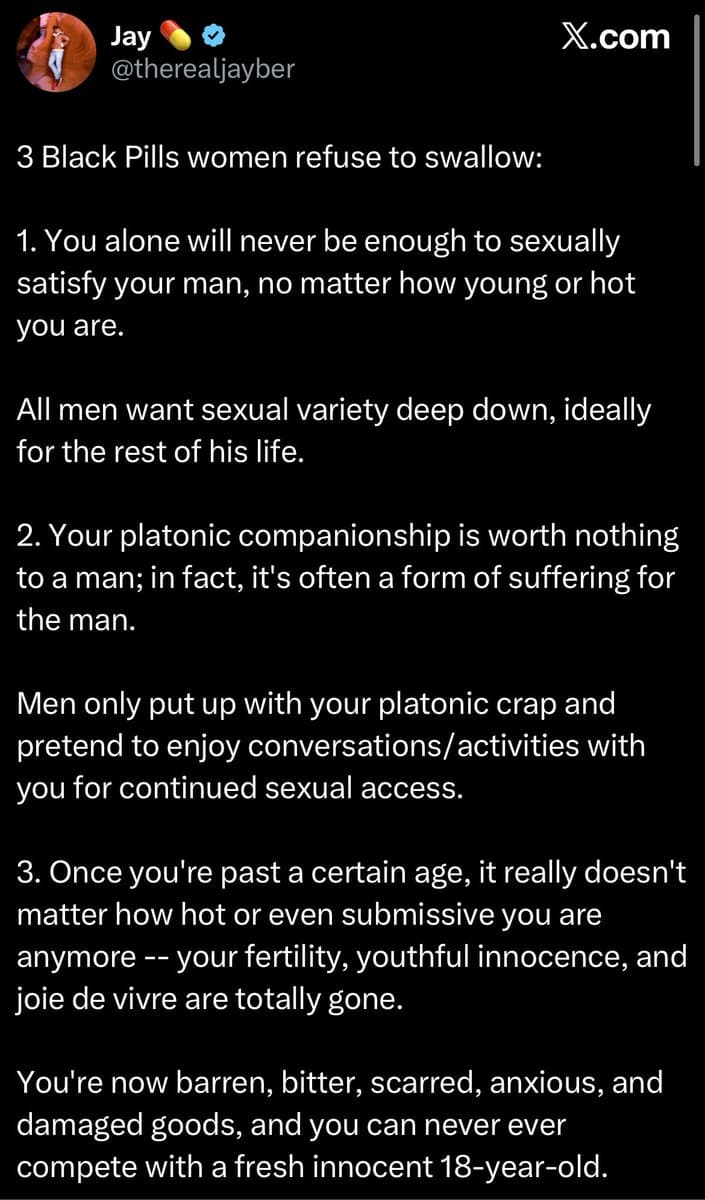 A screenshot of a tweet from user Jay (@therealjaybe) on X.com, featuring a list of three points under the heading '3 Black Pills women refuse to swallow.'