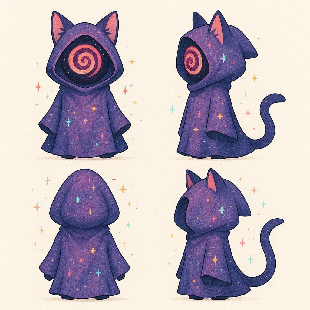A digital illustration showing a character design turnaround of a small, cat-like figure wearing a purple, star-patterned hooded cloak. The character is depicted from four angles: front, side, back, and three-quarter back view.