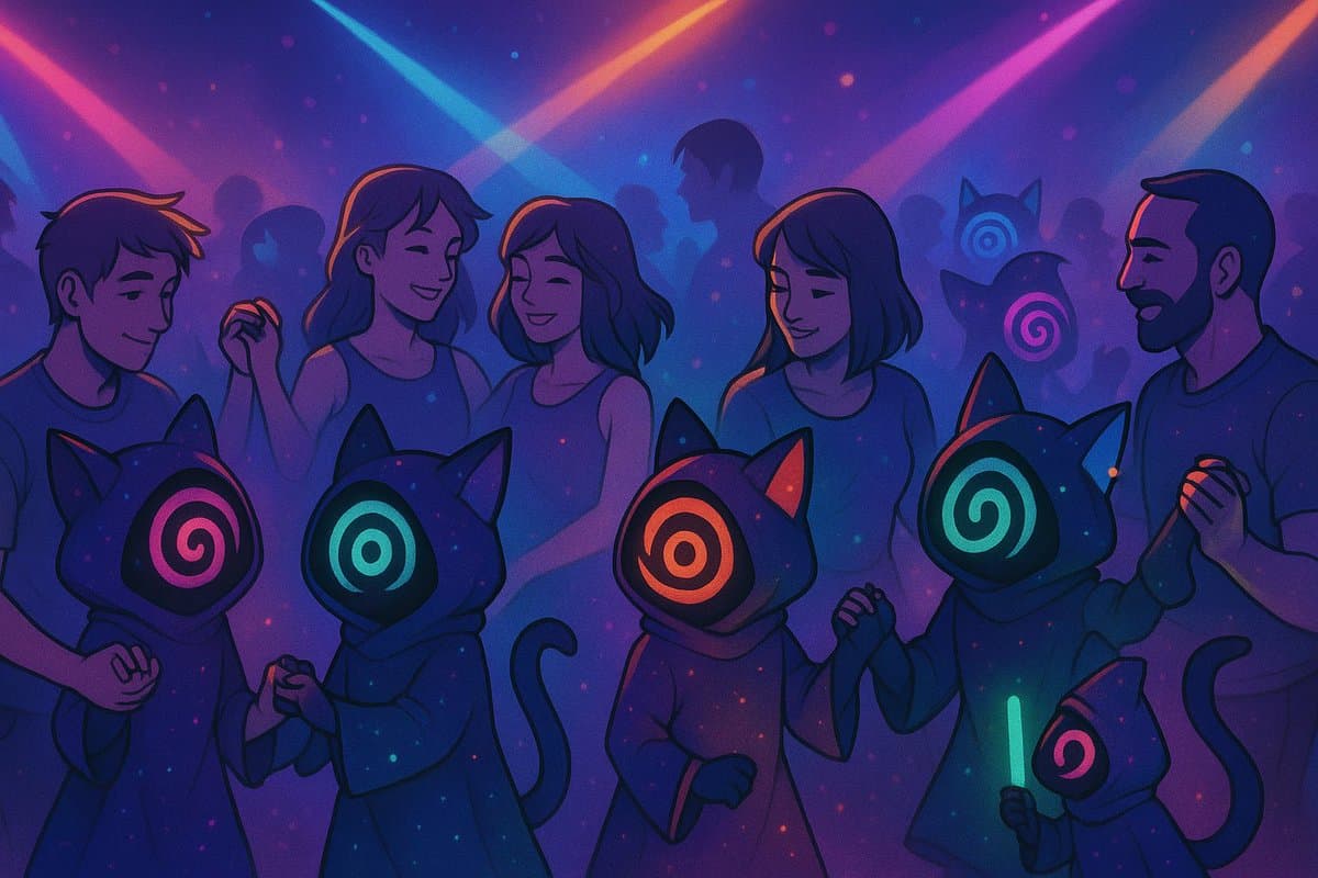 A digital illustration depicting a group of people and figures in cat costumes with glowing spiral eyes dancing at a party with vibrant purple and blue lighting.