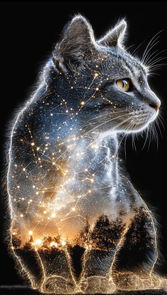 A digital art image of a cat in profile, with its body filled with a double-exposure effect showing a starry night sky and a silhouetted landscape. The cat is outlined with glowing, electric-like lines against a black background.