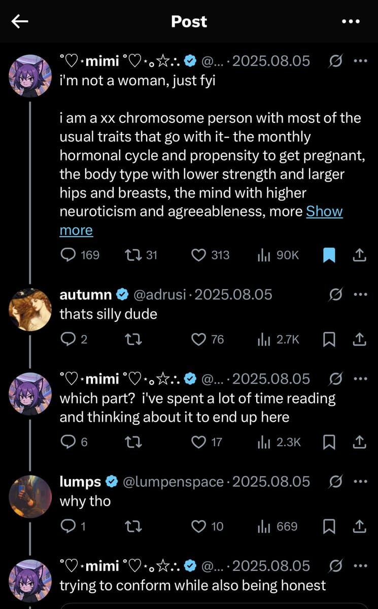 A screenshot of a Twitter conversation thread between users 'mimi', 'autumn', and 'lumps'. The thread features a discussion about gender identity and biological traits, with 'mimi' explaining their experience as an 'xx chromosome person' and 'lumps' asking 'why tho'.