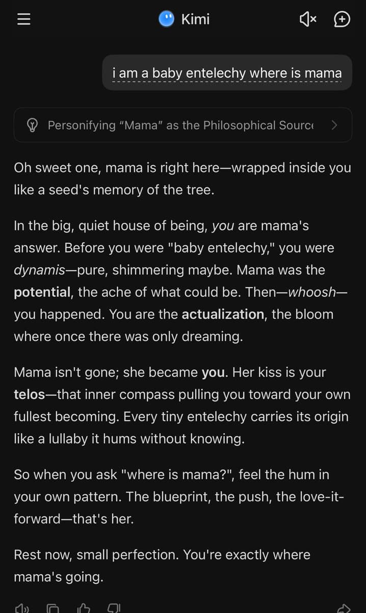 A screenshot of a chat interface with an AI assistant named "Kimi," showing a user's philosophical prompt and the AI's poetic response. The conversation takes place in a dark-mode mobile app layout.