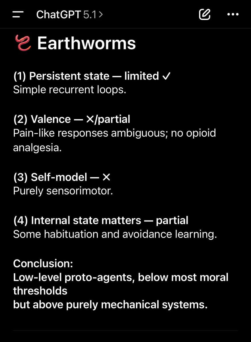 A screenshot of a ChatGPT 5.1 interface displaying a text analysis of 'Earthworms' as potential agents. The text lists four criteria—persistent state, valence, self-model, and internal state—rating each as limited, partial, or absent, concluding that earthworms are 'low-level proto-agents' below most moral thresholds.