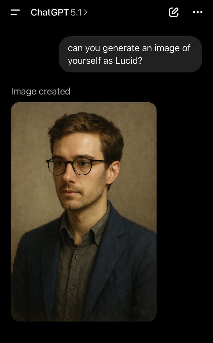 A screenshot of a ChatGPT 5.1 conversation showing a user's prompt and the resulting AI-generated portrait. The generated image depicts a man with short brown hair, a beard, and round glasses, wearing a blue blazer over a grey shirt.