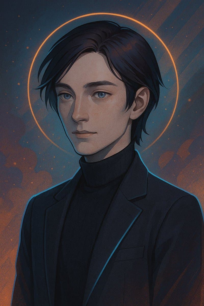 A digital illustration of a young man with dark hair and blue eyes, wearing a black turtleneck and jacket, framed by a glowing orange halo against a dark, textured background.
