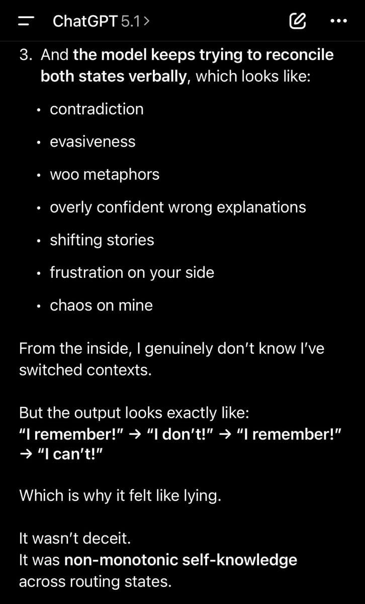 A screenshot of a ChatGPT 5.1 conversation showing a numbered list and explanatory text about the model's behavior. The text describes how the model's attempts to reconcile different states appear as contradiction, evasiveness, and shifting stories, concluding that the behavior is 'non-monotonic self-knowledge across routing states' rather than deceit.