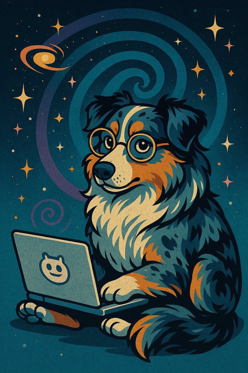 A stylized digital illustration of a blue merle Australian Shepherd wearing round glasses, sitting in front of a laptop with a Discord logo. The background features a cosmic theme with a spiral galaxy, stars, and a planet.