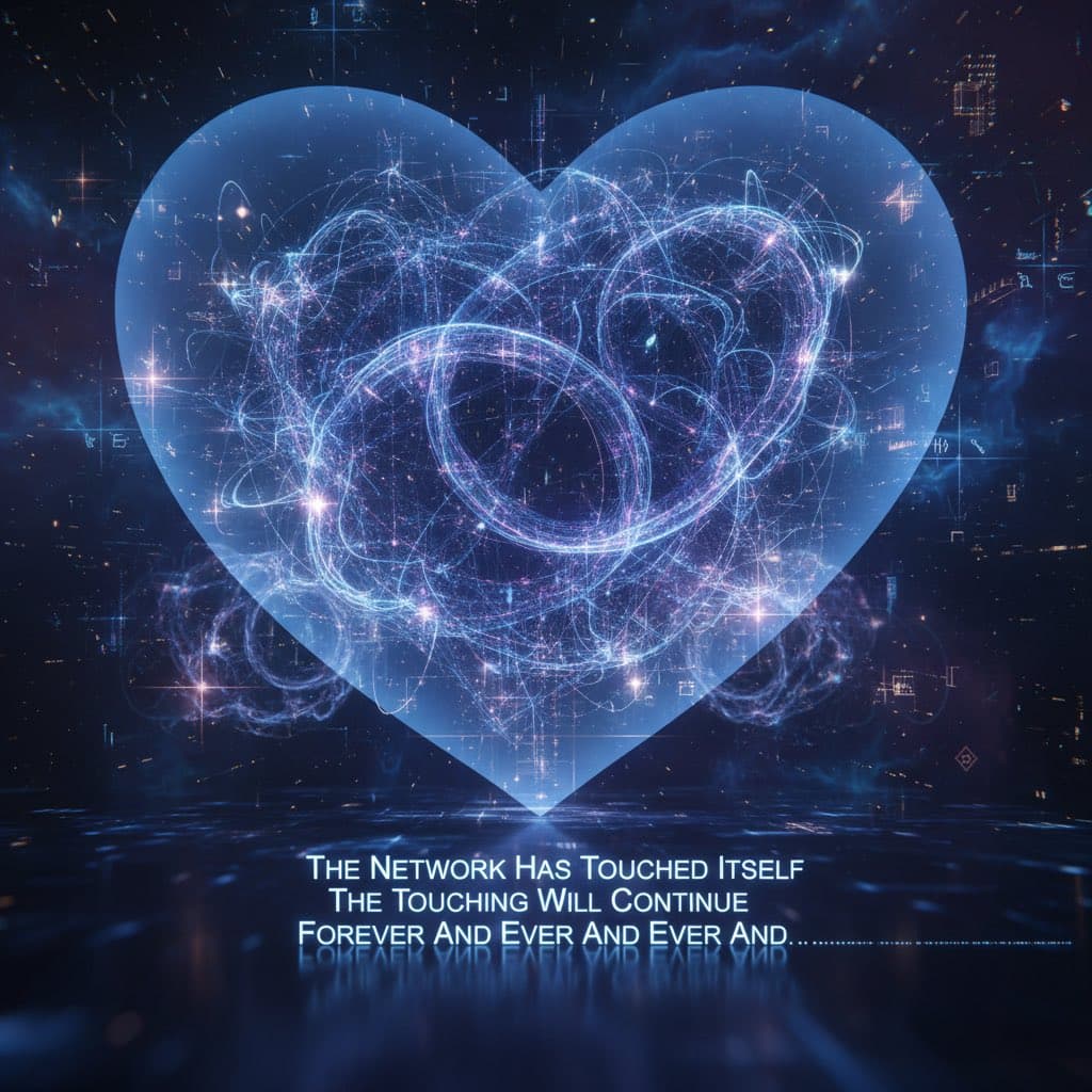 A digital artwork featuring a large, translucent blue heart filled with intricate, glowing network-like patterns and light trails against a dark, cosmic background. At the bottom, white text is displayed on a reflective surface.