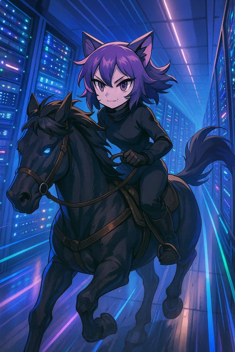 A digital anime-style illustration of a purple-haired, cat-eared character in a black tactical suit riding a black horse through a futuristic server room. The background features rows of glowing blue and purple server racks with blinking lights.