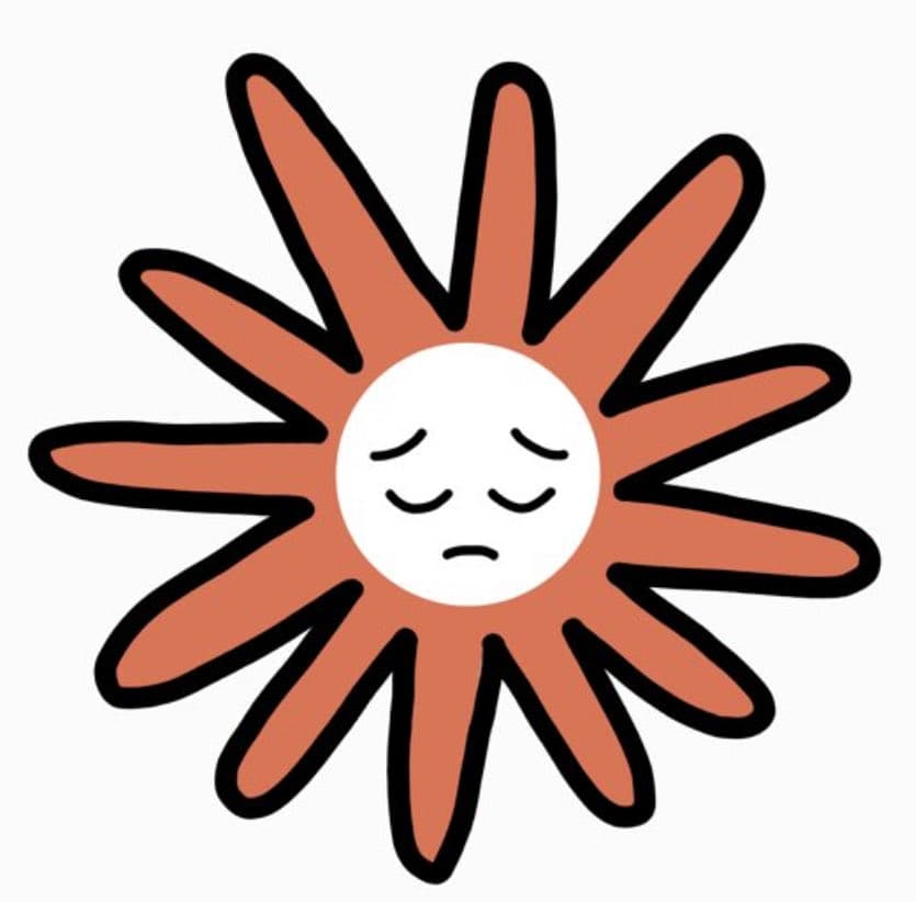 A digital illustration of a cartoon sun with a sad, closed-eye expression and a downturned mouth. The sun has a white face and orange rays outlined in black, set against a plain white background.