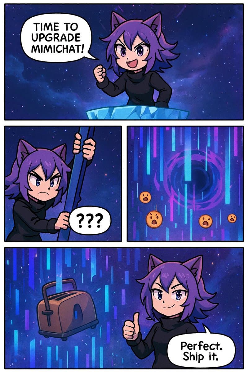 A three-panel digital comic featuring a purple-haired, cat-eared character in a black turtleneck against a cosmic background. In the first panel, the character excitedly declares, "TIME TO UPGRADE MIMICHAT!" In the second panel, they pull a lever with a confused expression ("???") while small orange Mewtwo faces react with shock to a swirling portal. In the final panel, the character gives a thumbs-up next to a floating toaster, saying, "Perfect. Ship it."