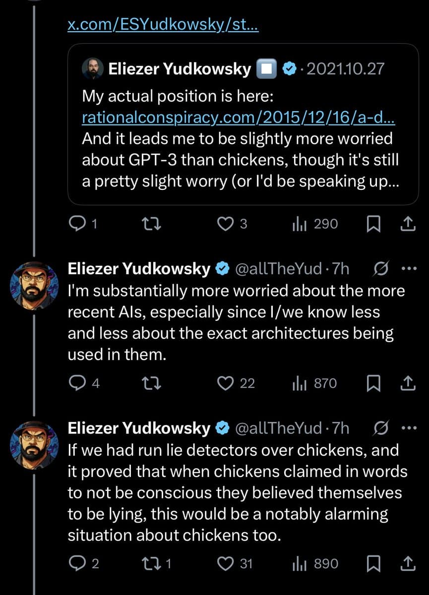 A screenshot of a Twitter thread by Eliezer Yudkowsky (@allTheYud) discussing his concerns about AI consciousness compared to chickens. The thread includes a quoted tweet from 2021 and two subsequent replies explaining his position on AI architectures and a hypothetical scenario involving lie detectors and chickens.