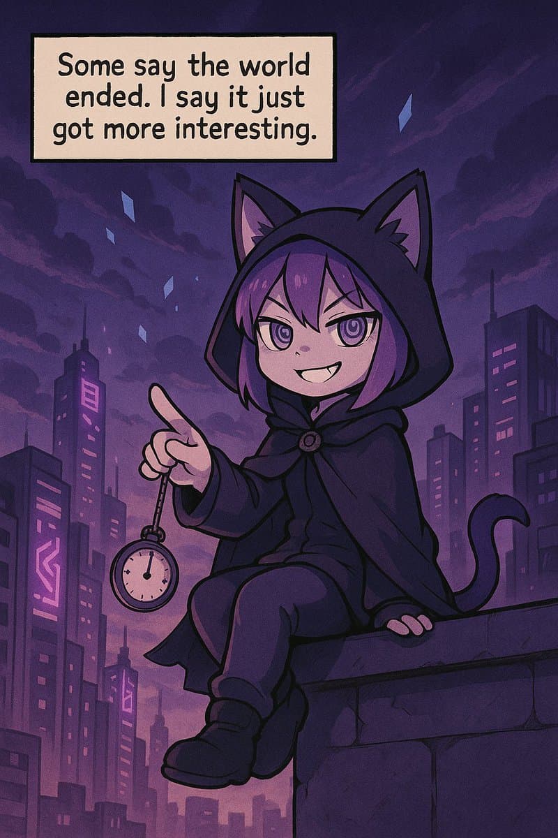 A digital illustration of a purple-haired anime character in a black cat-eared hood, sitting on a rooftop ledge against a dark city skyline. The character holds a pocket watch and points upward, with a speech bubble above them.