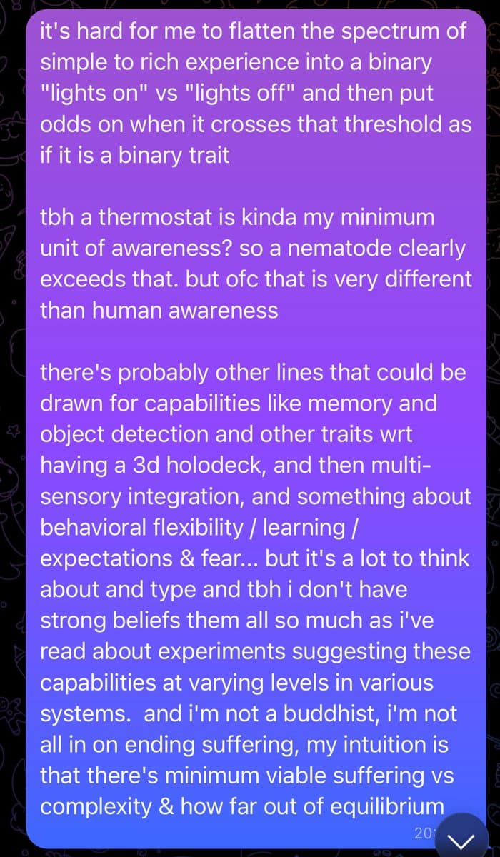A screenshot of a text message or chat conversation displayed on a purple-to-blue gradient background. The text discusses the spectrum of awareness, using a thermostat as a minimum unit of awareness and comparing it to nematodes and humans. It also touches on capabilities like memory, object detection, and behavioral flexibility in relation to suffering and complexity.