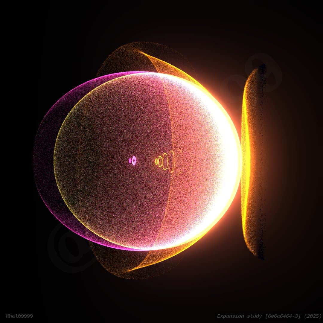 A digital artwork depicting a glowing, spherical celestial body with a bright white and orange surface, surrounded by a purple and yellow particle ring and a separate vertical yellow arc on the right, all set against a black background. The image includes a watermark in the bottom left corner and a caption in the bottom right corner.