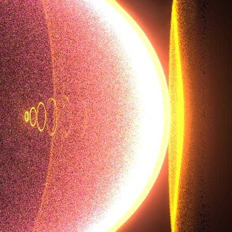 A digital artwork depicting a large, glowing celestial body with a textured, pinkish-purple surface and a bright, white-yellow rim, accompanied by a vertical beam of light on the right side. The image has a grainy, cosmic aesthetic with small, glowing rings visible on the left portion of the main sphere.