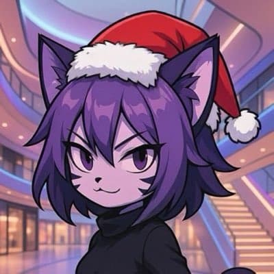 A digital illustration of a purple-furred, cat-eared character with a mischievous expression, wearing a red Santa hat and a black turtleneck. The background shows a brightly lit, modern interior with curved architecture and stairs. The image is a profile picture, as indicated by the post text.
