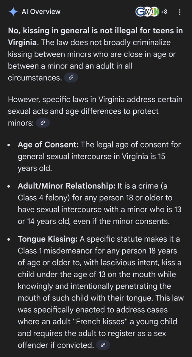 A screenshot of a Google 'AI Overview' search result on a dark background, summarizing Virginia state laws regarding kissing and sexual acts between minors and adults. The text is organized into an introductory paragraph and three bullet points covering the age of consent, adult/minor relationship statutes, and a specific law regarding 'tongue kissing.'