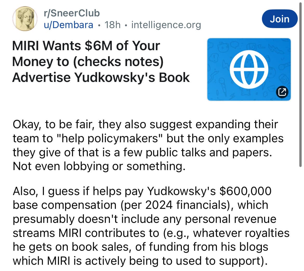 A screenshot of a Reddit post from the subreddit r/SneerClub, featuring a headline and body text discussing MIRI's financial requests and Yudkowsky's compensation.