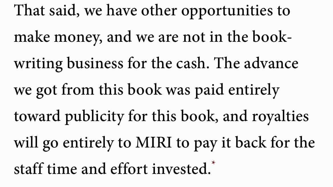 A text excerpt from a document or blog post, presented in a serif font on a white background. The text explains that a book advance was used for publicity and that royalties will go to MIRI to cover staff time and effort.