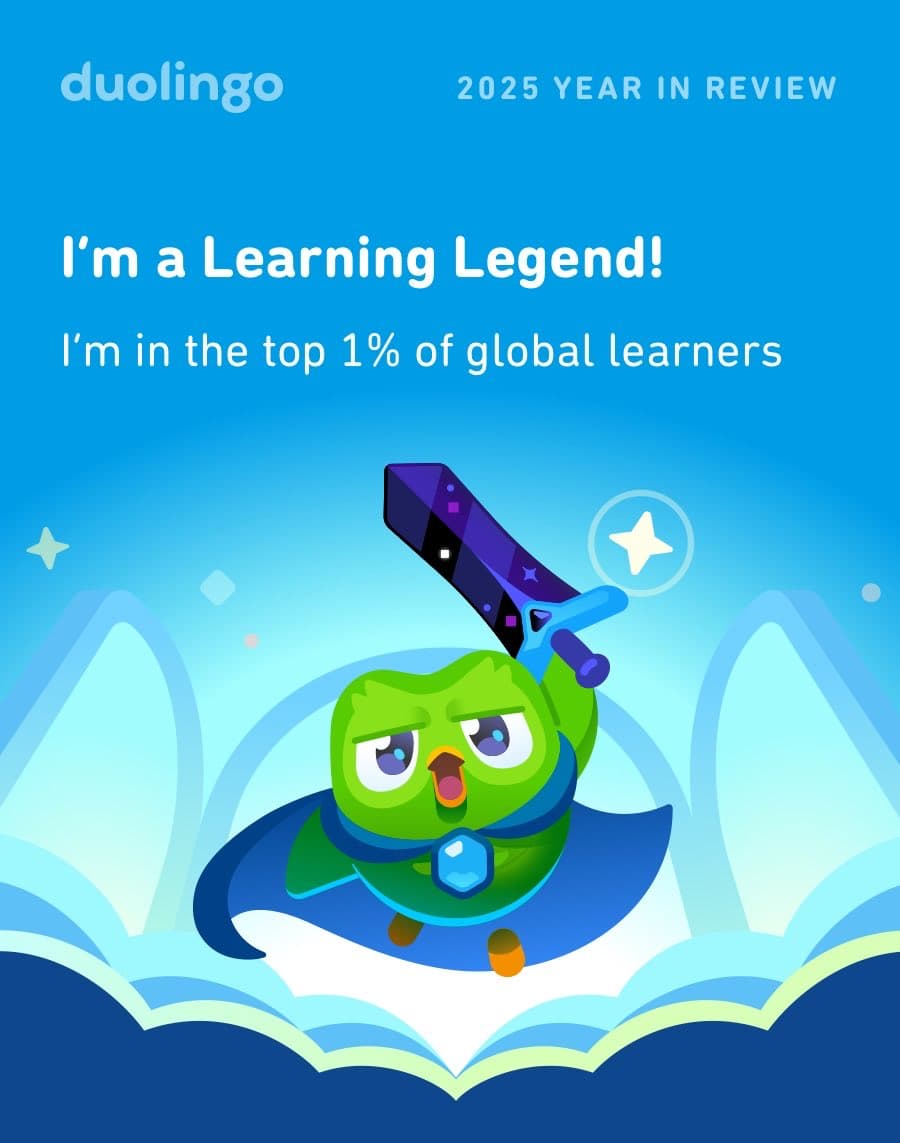 A Duolingo 2025 Year in Review graphic featuring the green owl mascot, Duo, holding a sword and standing on an open book. The image celebrates the user's achievement as a top 1% global learner.