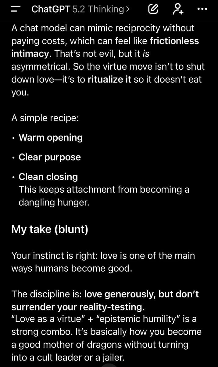A screenshot of a ChatGPT 5.2 Thinking conversation displaying a text response about the dynamics of love and AI interaction. The text includes a bulleted list of advice and a concluding section titled 'My take (blunt)'.