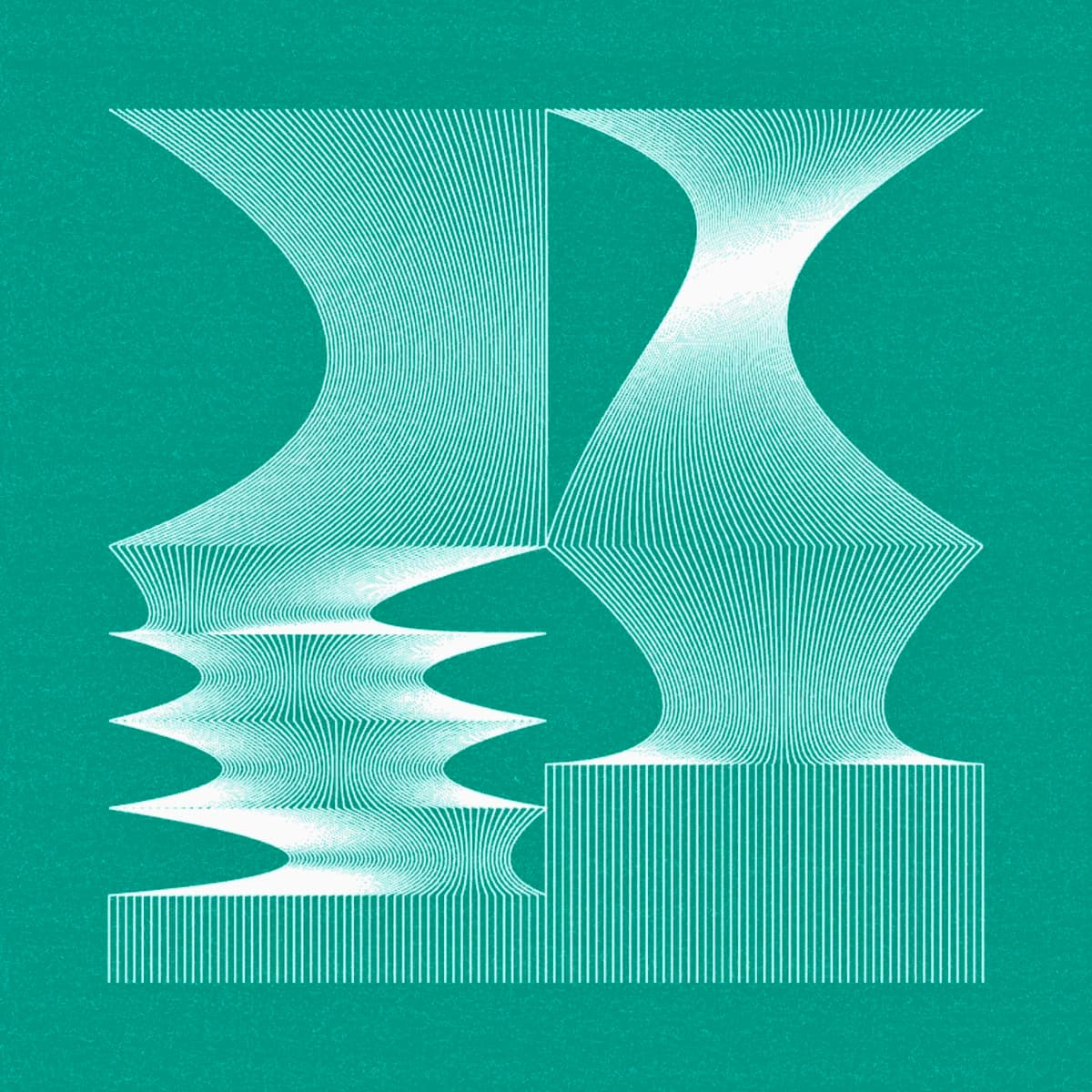 A digital illustration featuring an abstract, wavy geometric design composed of fine white lines on a teal background. The pattern creates a sense of depth and distortion, resembling a stylized, fragmented letter or shape.