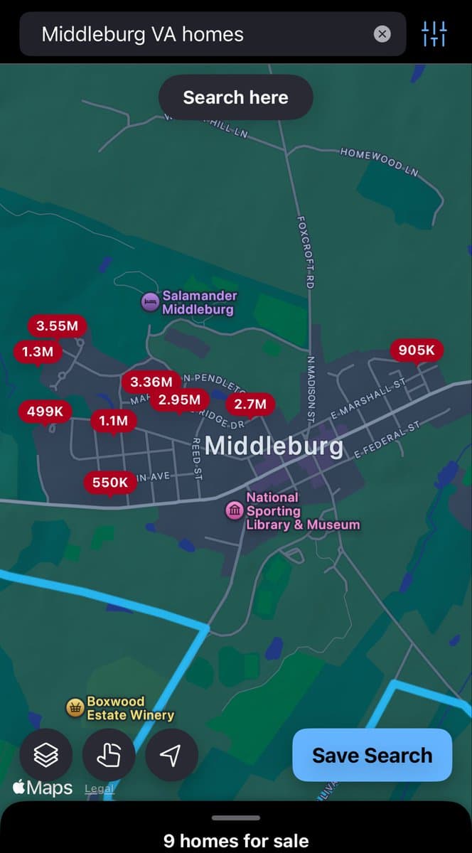 A screenshot of the Apple Maps application displaying a map of Middleburg, Virginia, with a search query for 'Middleburg VA homes'. The map shows several red price tags indicating home listings, with a bottom banner stating '9 homes for sale'.