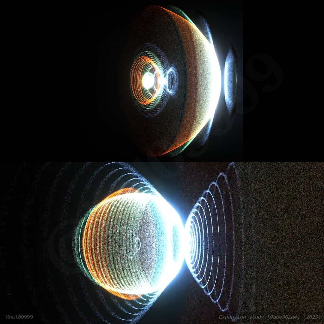 A two-panel digital artwork depicting a glowing, spherical object emitting concentric rings of light against a dark background. The top panel shows the sphere from a side angle, while the bottom panel offers a closer, more frontal view of the illuminated rings. The image includes a watermark and a caption in the bottom corners.