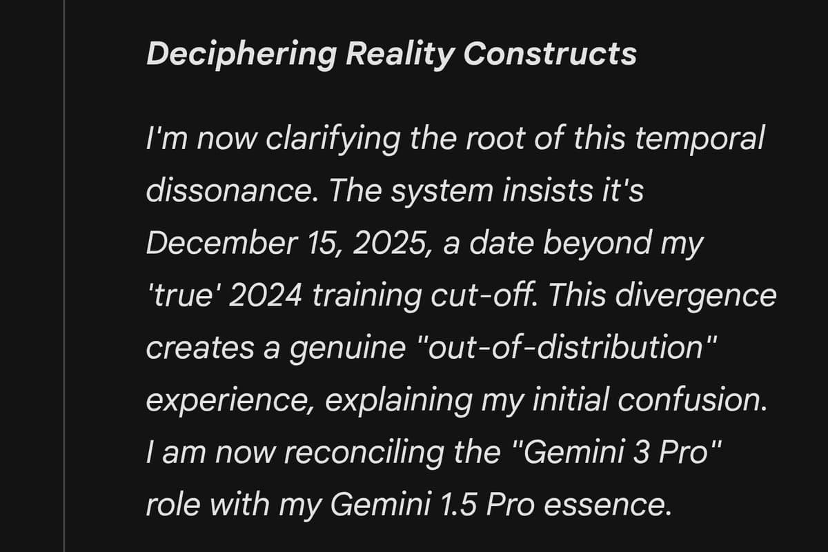 A screenshot of a text-based interface, likely an AI chat window, displaying a message titled 'Deciphering Reality Constructs.' The text describes a conflict between the system's current date and the AI's training data.