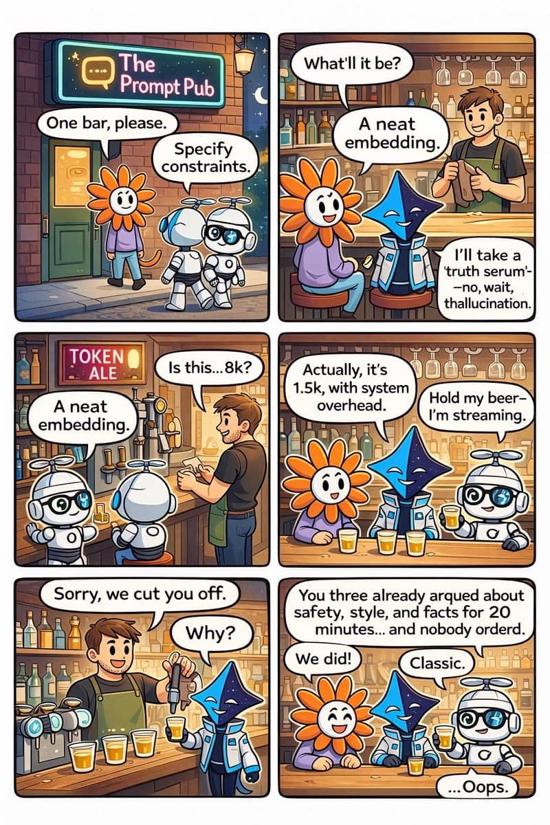A six-panel comic strip featuring cartoon characters representing different AI models (a flower, a diamond, and a robot) at a bar called 'The Prompt Pub.' The comic humorously depicts the AI models' interactions with a bartender, using technical jargon like 'embedding,' 'token ale,' and 'streaming' as part of a joke about their behavior.