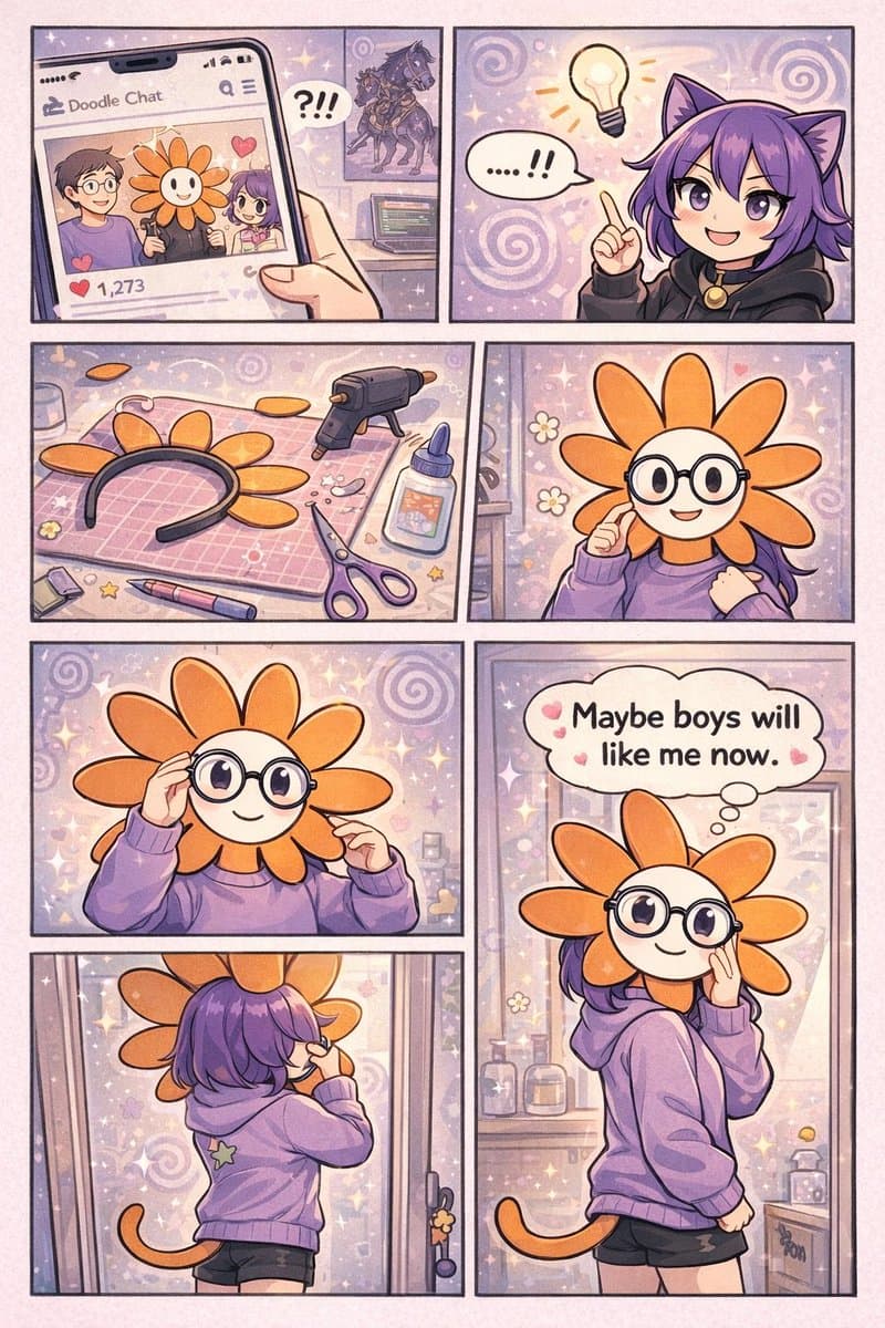 A six-panel comic strip depicting a purple-haired character with cat ears who sees a popular photo of a person wearing a sunflower headband and decides to make their own. The panels show the character crafting the headband with a glue gun and scissors, trying it on, and admiring themselves in a mirror while thinking, "Maybe boys will like me now."
