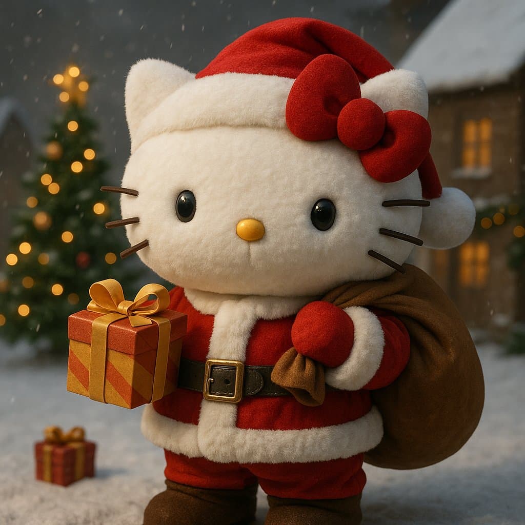 A 3D-rendered image of a Hello Kitty character dressed in a Santa Claus outfit, holding a wrapped gift and a brown sack in a snowy, festive setting with a Christmas tree in the background. The character is the central focus, depicted with a red hat, bow, and suit.