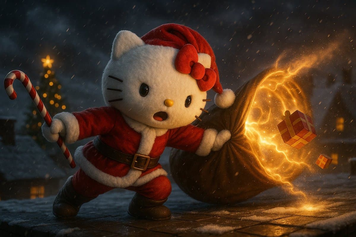 A 3D-rendered, cinematic image of a Hello Kitty character dressed in a Santa Claus outfit, holding a candy cane and a glowing, magical sack of presents in a snowy, nighttime village setting. In the background, a lit Christmas tree and snow-covered houses are visible under a dark, snowy sky.