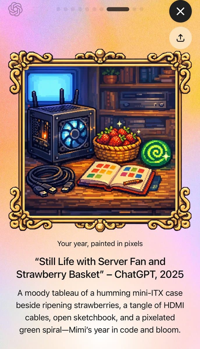 A screenshot of a mobile app displaying a pixel-art image framed in a decorative gold border, with text below describing the artwork. The image shows a computer tower with a glowing blue fan, a basket of strawberries, an open sketchbook, and a green spiral icon on a wooden desk. Below the image, the text reads: 'Your year, painted in pixels', followed by the title 'Still Life with Server Fan and Strawberry Basket' – ChatGPT, 2025, and a descriptive caption.