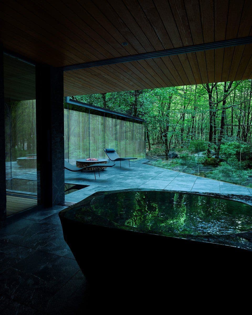 A modern architectural interior featuring a large, dark stone soaking tub in the foreground, with floor-to-ceiling glass walls opening up to a lush, green forest. The space has a wooden ceiling and a stone patio with lounge chairs, creating a seamless connection between the indoor and outdoor environments.