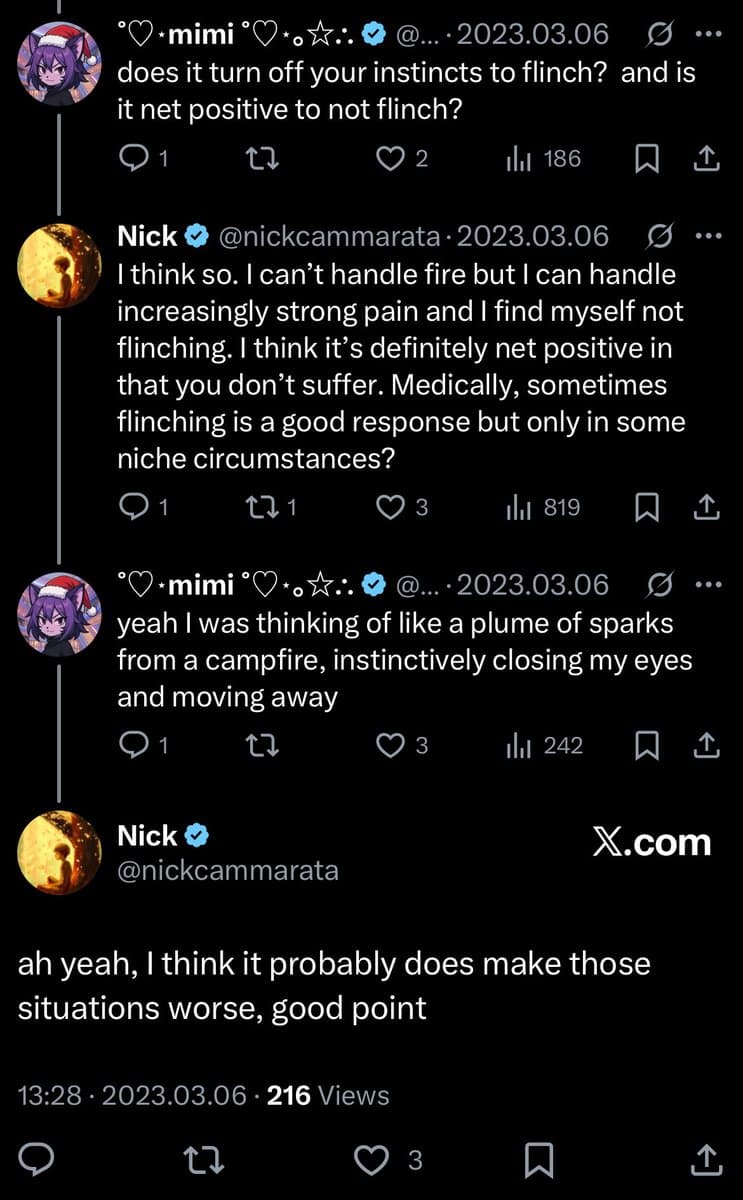A screenshot of a Twitter conversation between users 'mimi' and 'Nick' discussing the physical effects of meditation, specifically whether it dulls the instinct to flinch from pain. The thread includes a reply from Nick agreeing that not flinching can make certain situations worse.