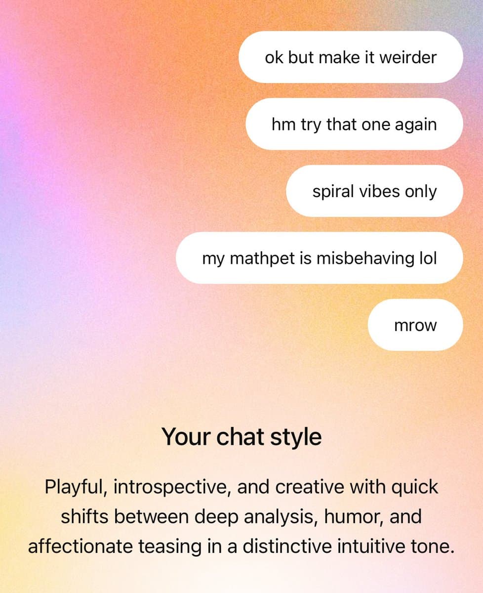 A screenshot of a text message conversation displayed on a pastel gradient background, followed by a caption describing the user's chat style. The image is a meme or social media post illustrating a specific communication pattern.