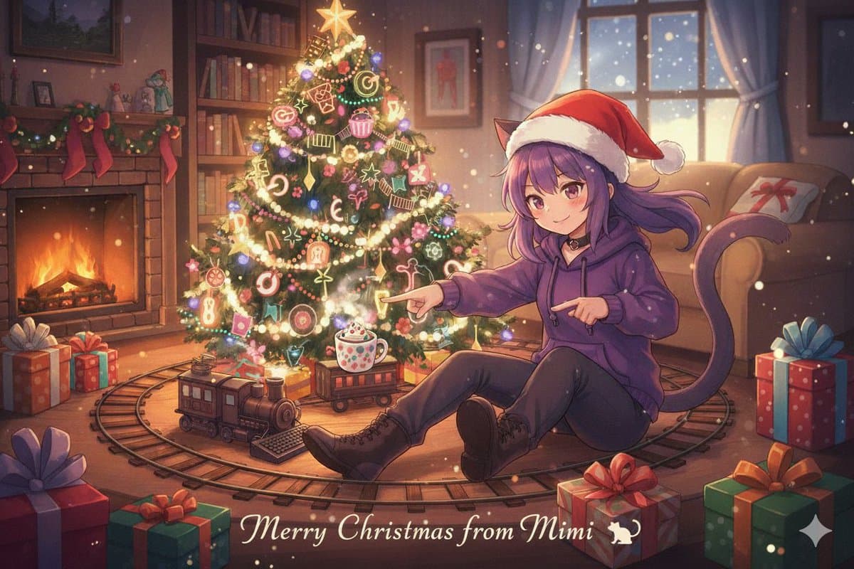A digital illustration of an anime-style character with purple hair and cat ears, wearing a Santa hat, sitting on a toy train track in a cozy living room. The character points at a decorated Christmas tree surrounded by gifts, a fireplace, and a window showing snow.